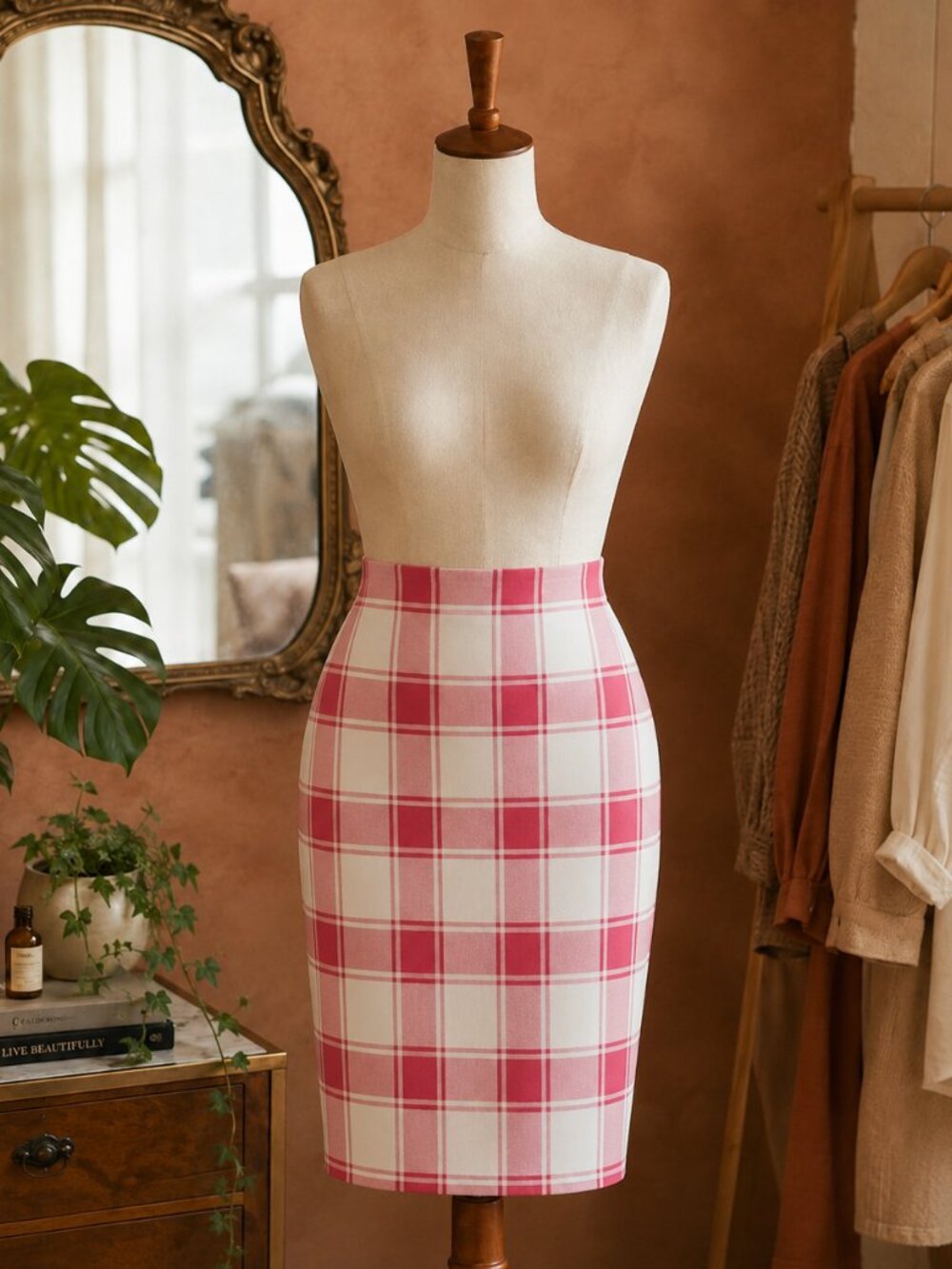 NY Collection Pink Plaid Pencil Skirt
